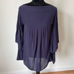 Doo.Ri Blue Viscose Blend Intricate Puff Sleeve Boat Neck Blouse EUC Size 6